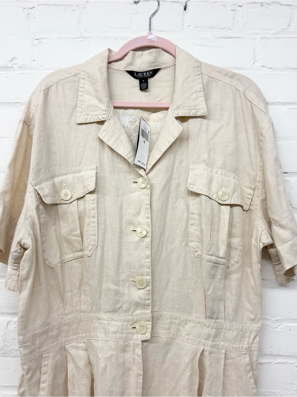 NWT Lauren Ralph Lauren Tan Embroidered Linen Short-Sleeve Jumpsuit Size 16 - Picture 7 of 10